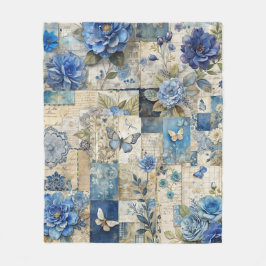 Blue Floral & Butterfly Patchwork Quilt Pattern フリースブランケット