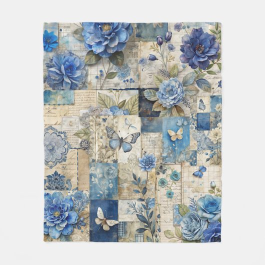Blue Floral & Butterfly Patchwork Quilt Pattern フリースブランケット (正面)