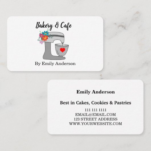 Blue Floral Cake Mixer Bakery 名刺 (正面/裏面)