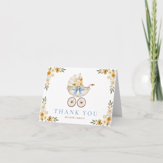 Blue Floral Carriage Baby Shower Thank You Card サンキューカード (正面)