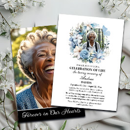 Blue Floral Celebration Of Life 2 Photos Funeral  招待状