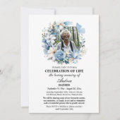 Blue Floral Celebration Of Life 2 Photos Funeral  招待状 (正面)