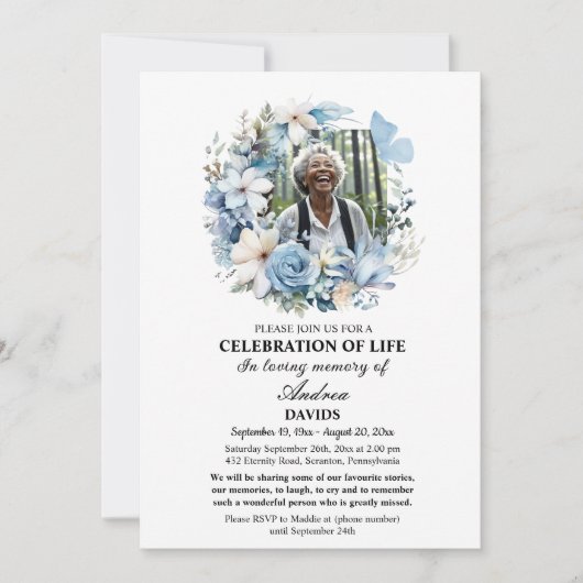 Blue Floral Celebration Of Life 2 Photos Funeral  招待状 (正面)