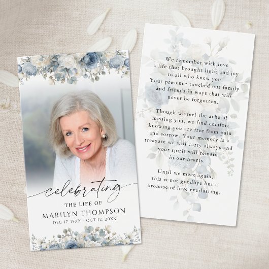 Blue Floral Celebration of Life Photo Prayer Card