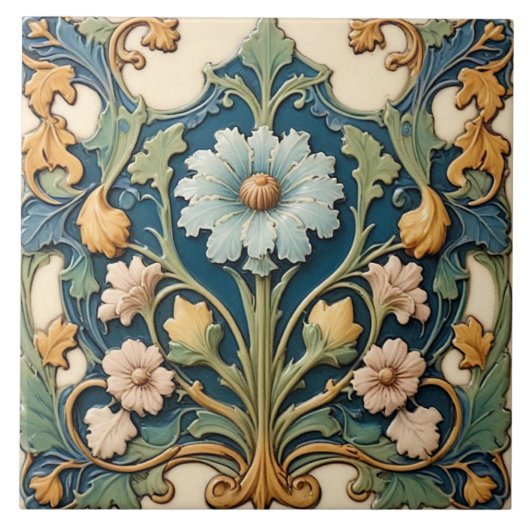 Blue Floral Ceramic Tile タイル (正面)