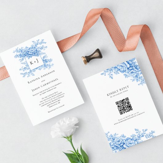 Blue Floral Chinoiserie 2-sided QR Code Monogram 招待状