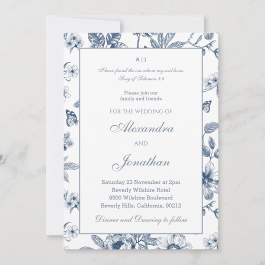 Blue Floral Chinoiserie Christian Wedding  招待状 (正面)