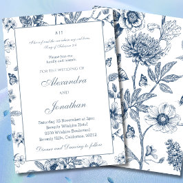 Blue Floral Chinoiserie Christian Wedding  招待状
