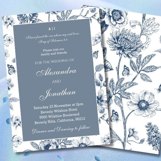 Blue Floral Chinoiserie Christian Wedding 招待状