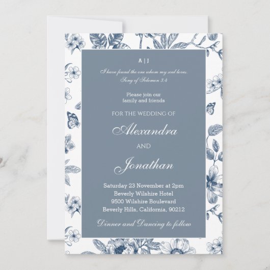 Blue Floral Chinoiserie Christian Wedding 招待状 (正面)