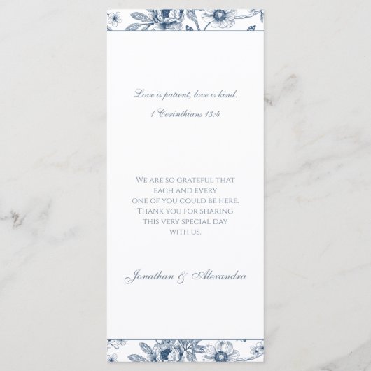 Blue Floral Chinoiserie Christian Wedding Menu メニュー (裏面)