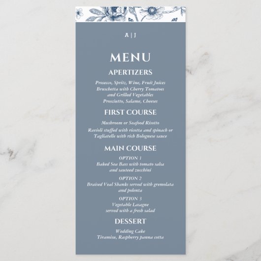 Blue Floral Chinoiserie Christian Wedding Menu メニュー (正面)