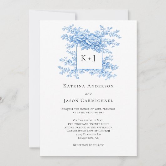 Blue Floral Chinoiserie Classing Monogram Elegant 招待状 (正面)