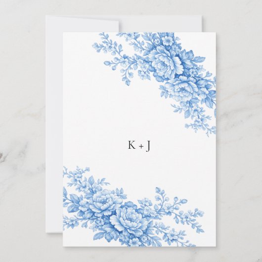 Blue Floral Chinoiserie Classing Monogram Elegant 招待状 (裏面)