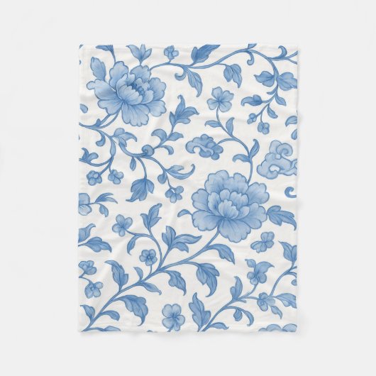 Blue Floral Chinoiserie Peony Pattern Fleece Blank フリースブランケット (正面)