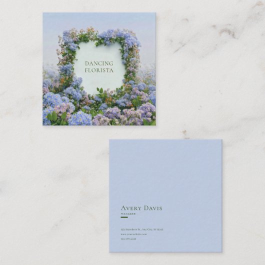Blue Floral Cluster Geometric Frame Whimsical スクエア名刺 (正面/裏面)