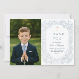 Blue Floral Communion Thank You Card 招待状