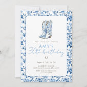 Blue Floral Cowgirl 30th Birthday Western Boots 招待状 (正面)