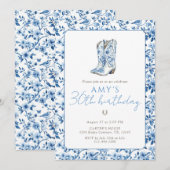 Blue Floral Cowgirl 30th Birthday Western Boots 招待状 (正面/裏面)