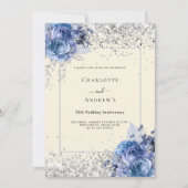 Blue floral cream silver 25th wedding anniversary 招待状 (正面)