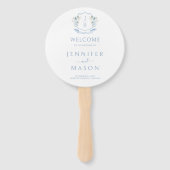 Blue Floral Crest Monogram Wedding Program ハンドファン (正面)