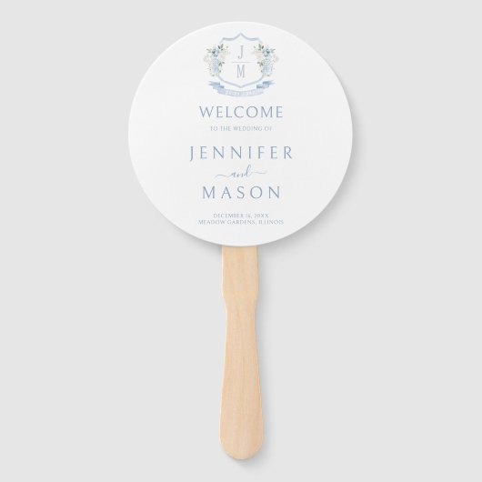 Blue Floral Crest Monogram Wedding Program ハンドファン (正面)