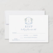 Blue Floral Crest Monogram Wedding RSVP Cards (正面)