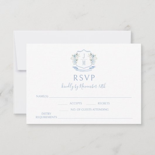 Blue Floral Crest Monogram Wedding RSVP Cards (正面)