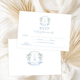 Blue Floral Crest Monogram Wedding RSVP Cards