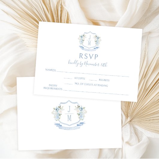 Blue Floral Crest Monogram Wedding RSVP Cards