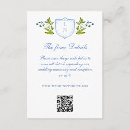 Blue Floral Crest Wedding Details QR Code エンクロージャーカード