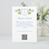 Blue Floral Crest Wedding Details QR Code エンクロージャーカード (スタンド正面)