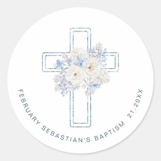 Blue Floral Cross Baptism ラウンドシール (正面)