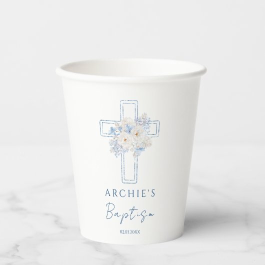Blue Floral Cross Baptism 紙コップ (正面)