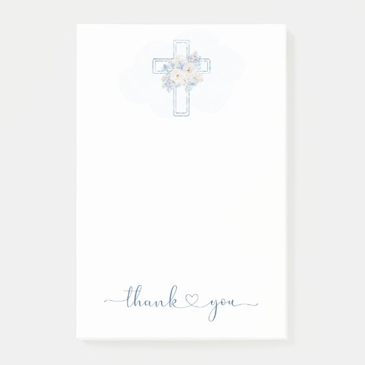 Blue Floral Cross Baptism/Christening Thank You  ポストイット (正面)