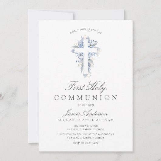 blue floral cross first holy communion invitation 招待状 (正面)