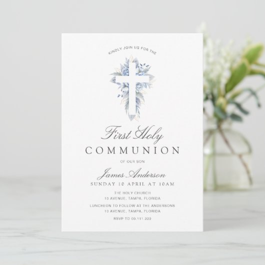 blue floral cross first holy communion invitation 招待状 (スタンド正面)