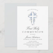 blue floral cross first holy communion invitation 招待状 (正面/裏面)