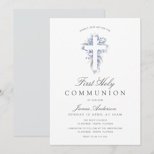 blue floral cross first holy communion invitation 招待状 (正面/裏面)