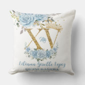 Blue Floral Crown XV QUINCEAÑERA Quince Keepsake クッション (正面)