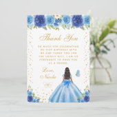 Blue Floral Dark Skin Princess Birthday Party サンキューカード (スタンド正面)