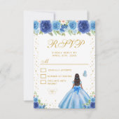 Blue Floral Dark Skin Princess Sweet Sixteen 出欠カード (正面)