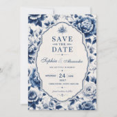  Blue Floral Elegant Chinoiserie Classic セーブザデート (正面)