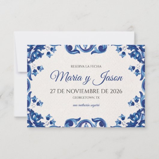 Blue Floral Elegant Fiesta Spanish Wedding セーブザデート (正面)