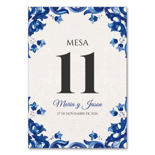 Blue Floral Elegant Fiesta Spanish Wedding テーブルナンバー (正面)