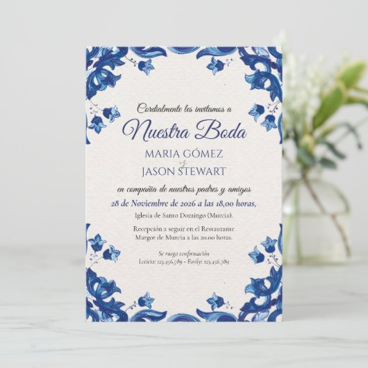Blue Floral Elegant Fiesta Spanish Wedding 招待状 (スタンド正面)