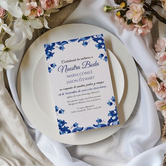 Blue Floral Elegant Fiesta Spanish Wedding 招待状