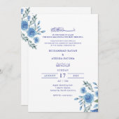 Blue Floral Elegant Nikkah Arabic Islamic Wedding 招待状 (正面/裏面)