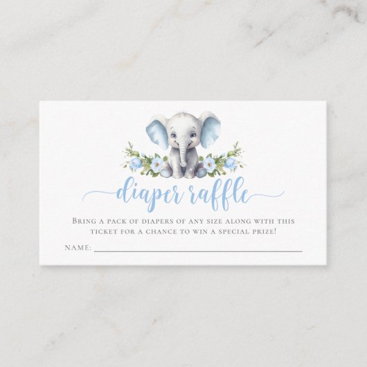 Blue Floral Elephant Baby Boy Shower Diaper Raffle エンクロージャーカード (正面)