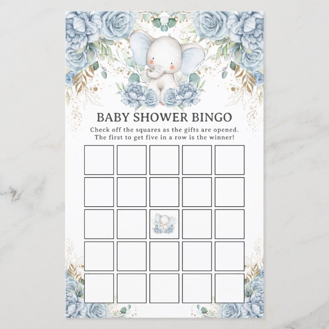 Blue Floral Elephant Baby Shower Bingo Game (正面)
